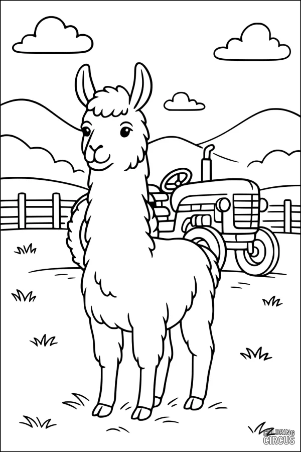 Coloring page of a cute llama on a farm with a tractor, mountains, and clouds in the background