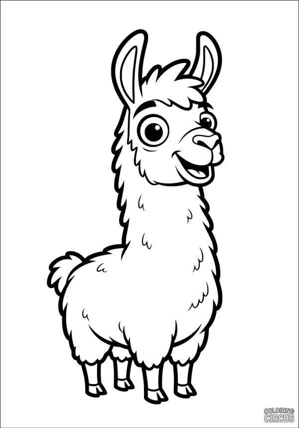 Coloring page featuring a cute cartoon llama with a friendly smile and fluffy coat