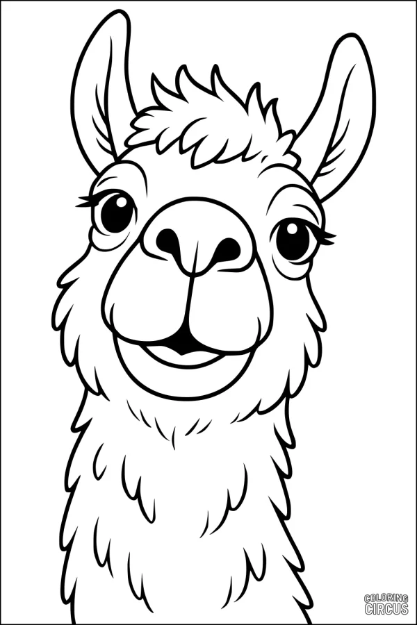 Coloring page of a friendly cartoon llama with big eyes and fluffy fur