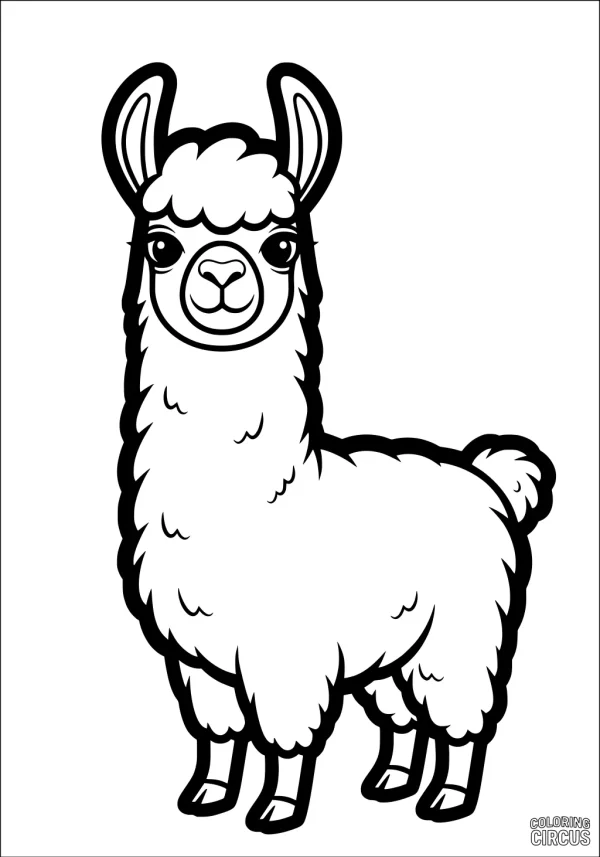 Coloring page featuring a cute cartoon llama standing and smiling