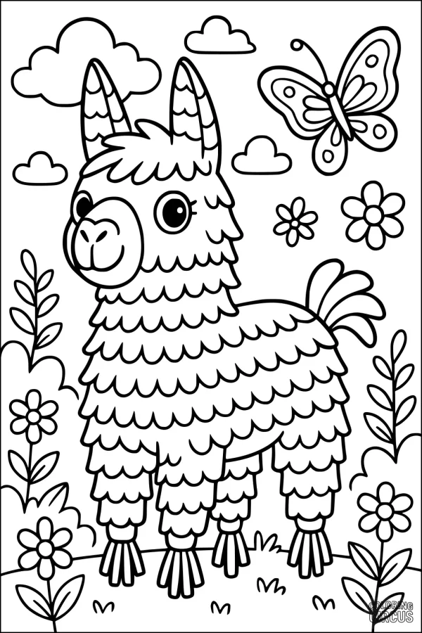 Coloring page showing a smiling llama, butterfly, flowers, and clouds