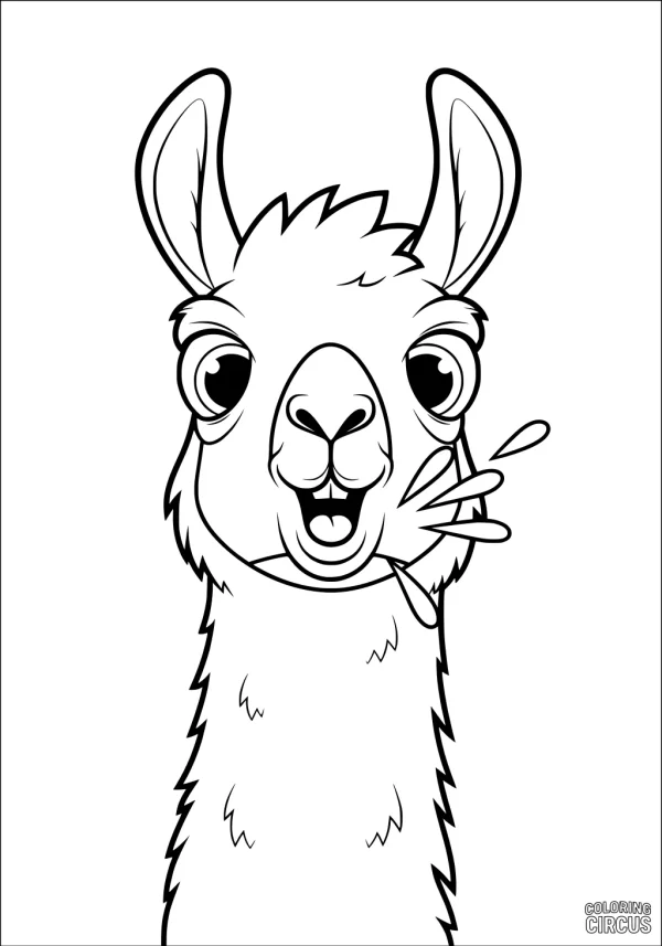 Coloring page of a cute llama with big ears eating a leafy snack