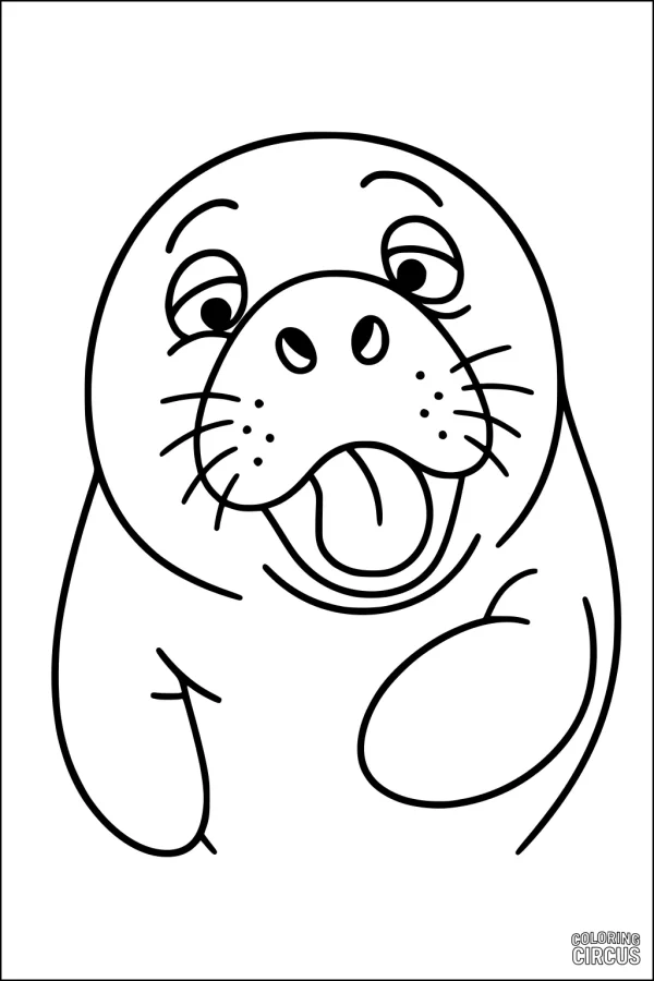 Coloring page featuring a cartoon manatee with a big smile and playful expression