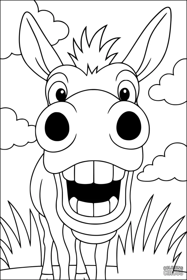 Coloring page featuring a cartoon donkey smiling widely in a grassy field under fluffy clouds