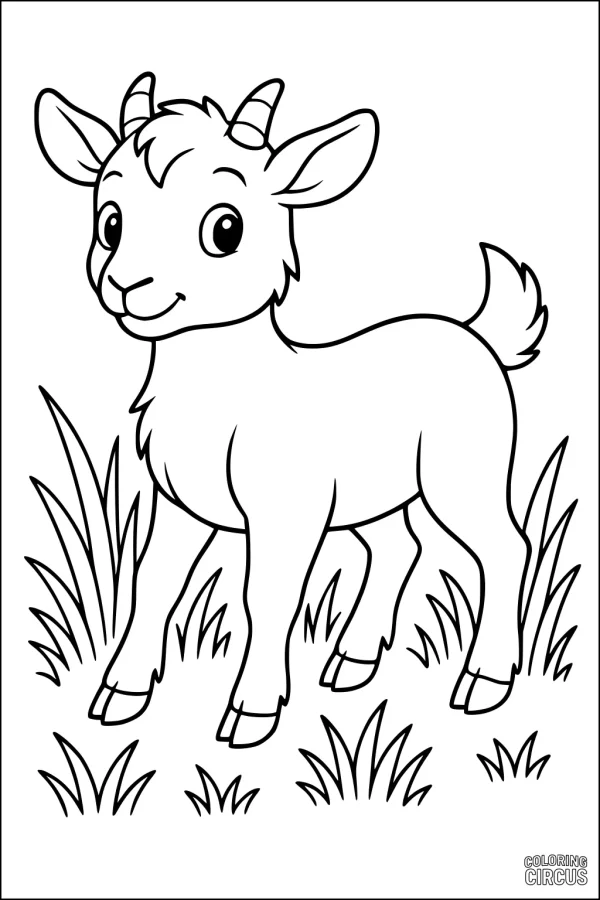 Coloring page with a cute cartoon goat standing in grass, perfect for children