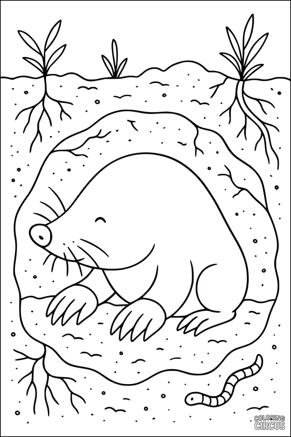 Coloring page of a cute mole in its burrow surrounded by plant roots and a worm underground