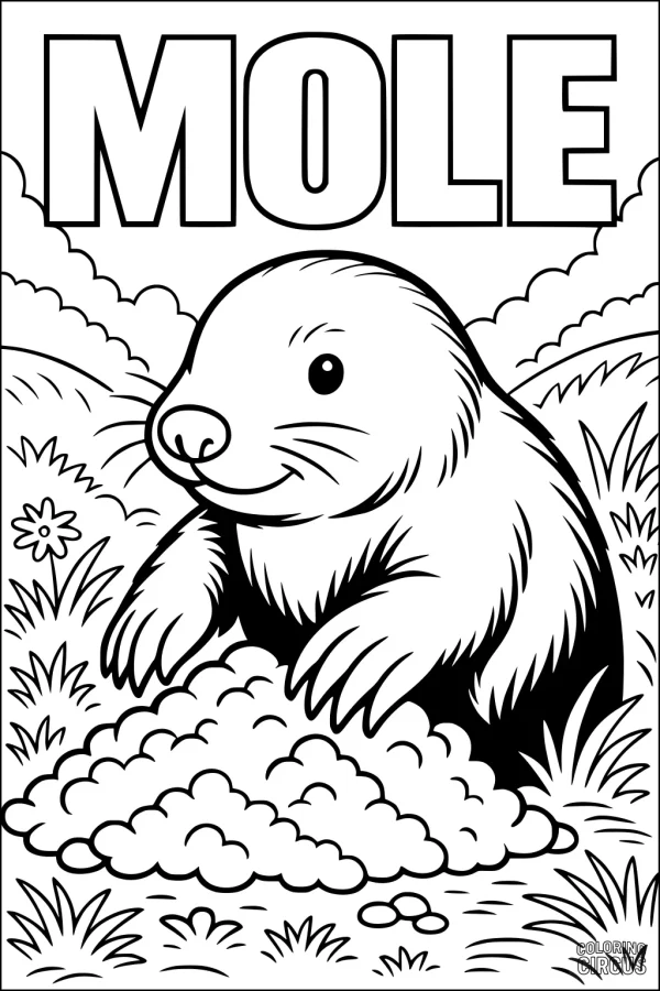 Coloring page featuring a cute cartoon mole emerging from a mound of dirt in a flowery meadow