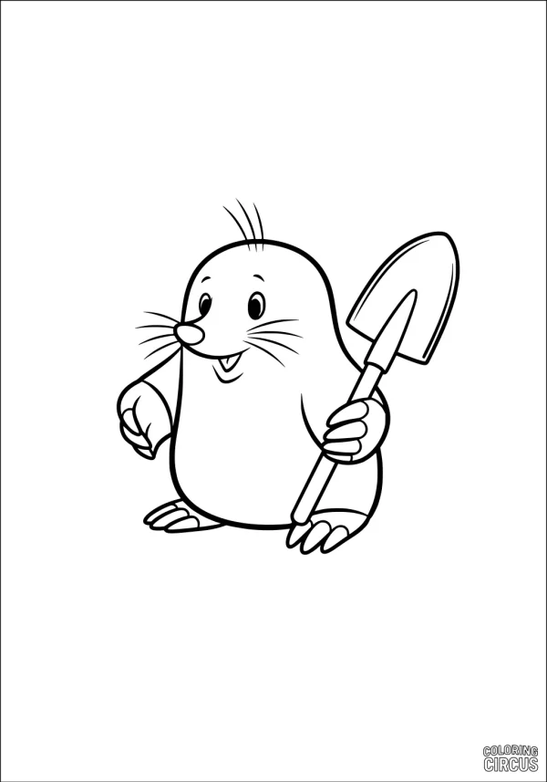 Coloring page featuring a cheerful cartoon mole holding a shovel