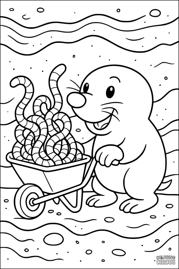 Coloring page of a happy mole pushing a wheelbarrow full of worms underground.