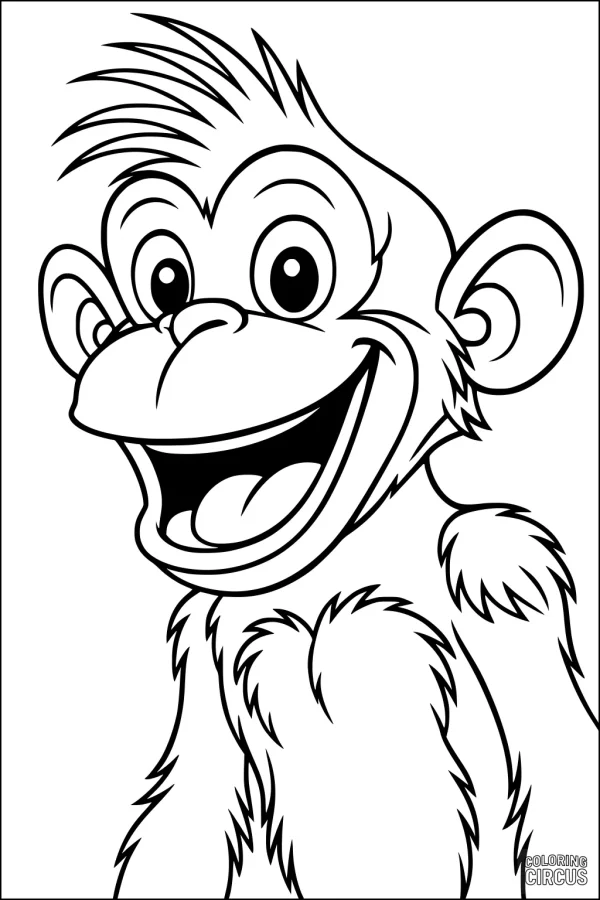 Coloring page of a happy cartoon monkey smiling with large ears and fluffy fur