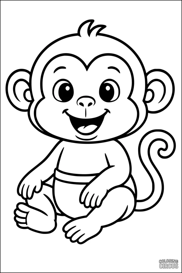 Coloring page friendly cartoon monkey sitting and smiling