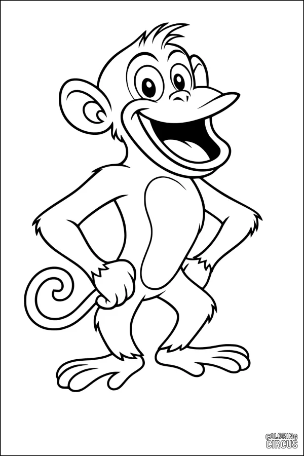 Coloring page of a happy cartoon monkey standing upright with large ears and a big smile.