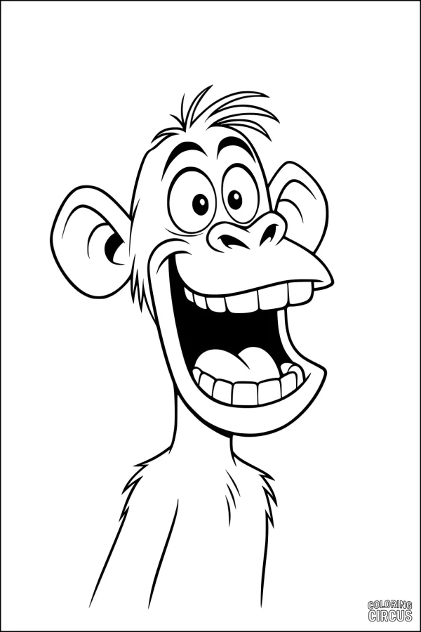 Coloring page showing a cartoon monkey with a huge, joyful smile and expressive eyes