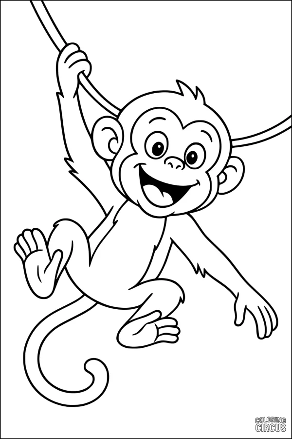 Coloring page of a smiling cartoon monkey swinging on a jungle vine