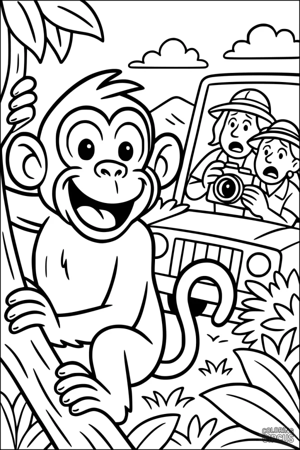 Coloring page of a happy monkey in a jungle waving at surprised safari explorers in a jeep
