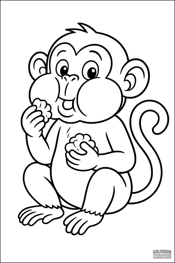 Coloring page of a cute monkey with big cheeks holding snacks