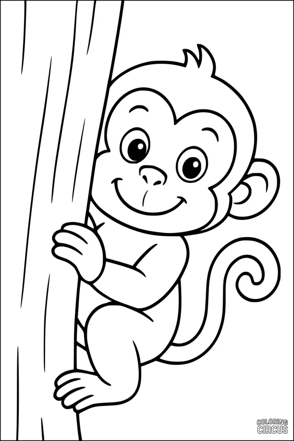 Coloring page of a smiling monkey peeking from behind a tree, designed for young children