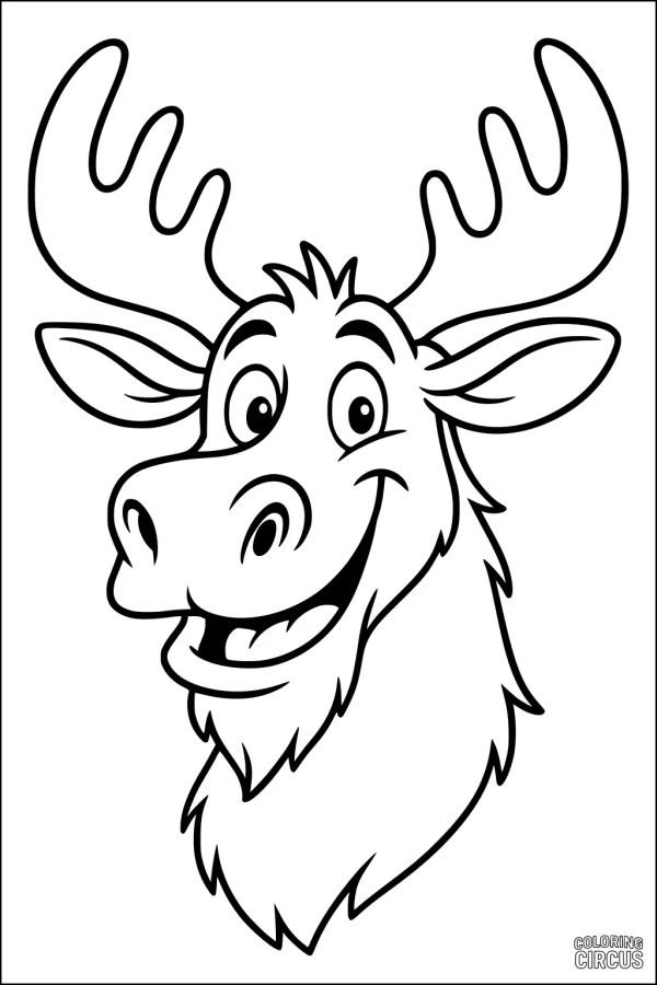 Coloring page featuring a smiling cartoon moose with large antlers and a joyful expression