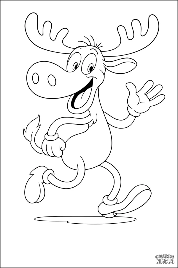 Coloring page featuring a cartoon moose waving and smiling