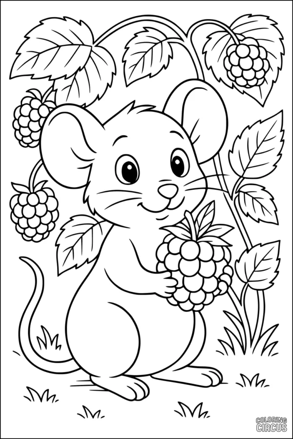 Coloring page featuring a smiling mouse holding a large blackberry surrounded by leaves and berries.