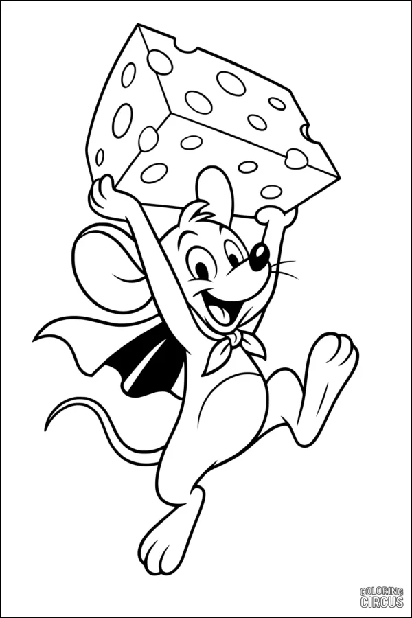 Coloring page with cartoon mouse holding big cheese block and wearing a cape