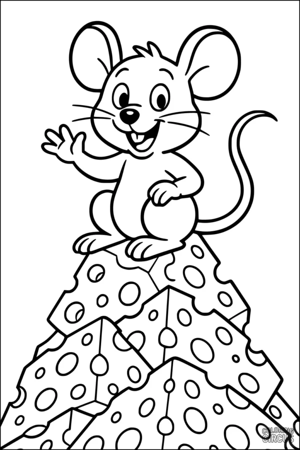 Coloring page featuring a smiling cartoon mouse waving while sitting on top of stacked slices of cheese