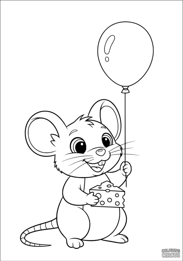 Coloring page with cute cartoon mouse holding cheese and balloon