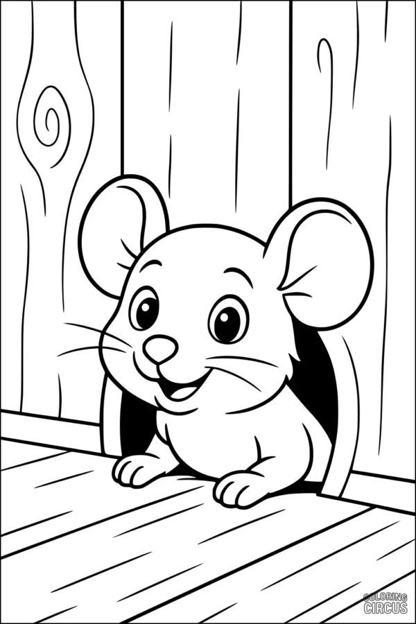 Coloring page featuring a cute cartoon mouse looking out from a hole in a wooden wall