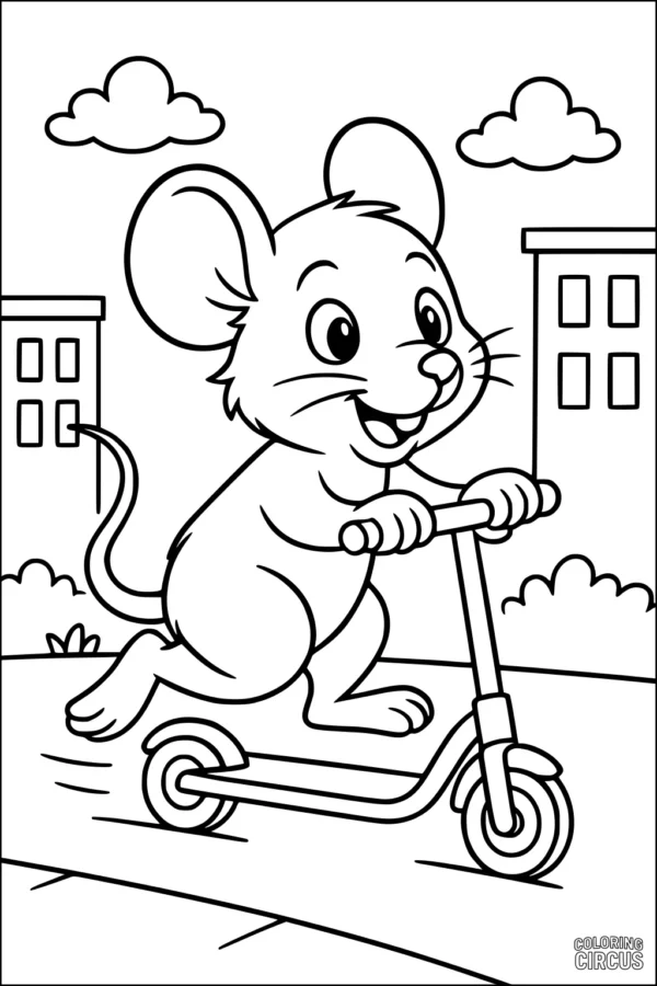 Coloring page mouse riding scooter in city with clouds and buildings