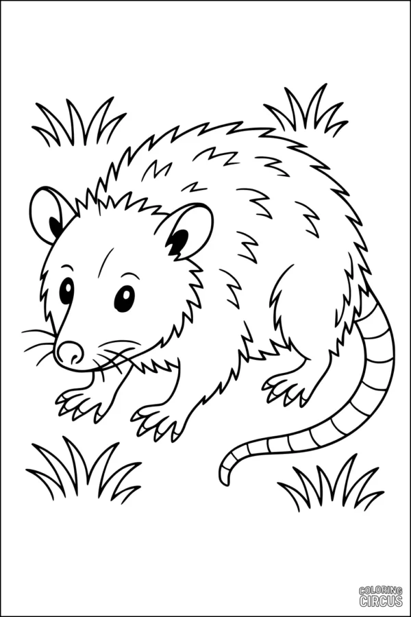 Coloring page of a cute cartoon opossum in grass, suitable for young children