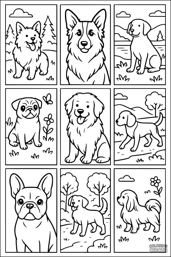 Coloring page featuring nine cute dogs in outdoor scenery with trees, flowers, and clouds