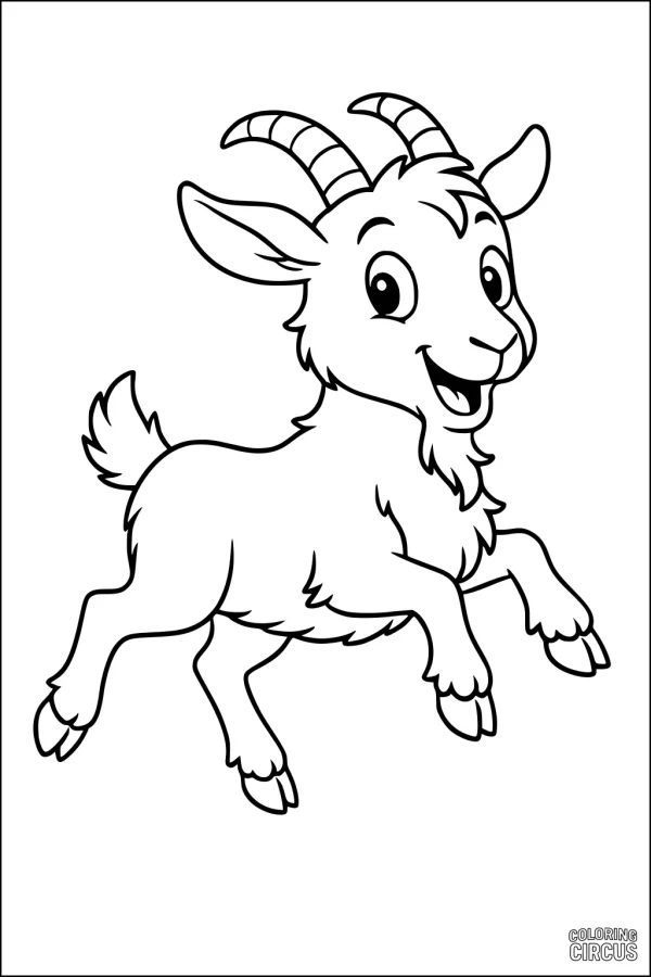 Coloring page of a happy cartoon goat jumping playfully, perfect for kids