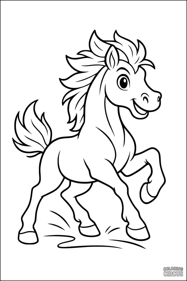 Coloring page of a cute cartoon horse trotting with a playful expression and flowing mane