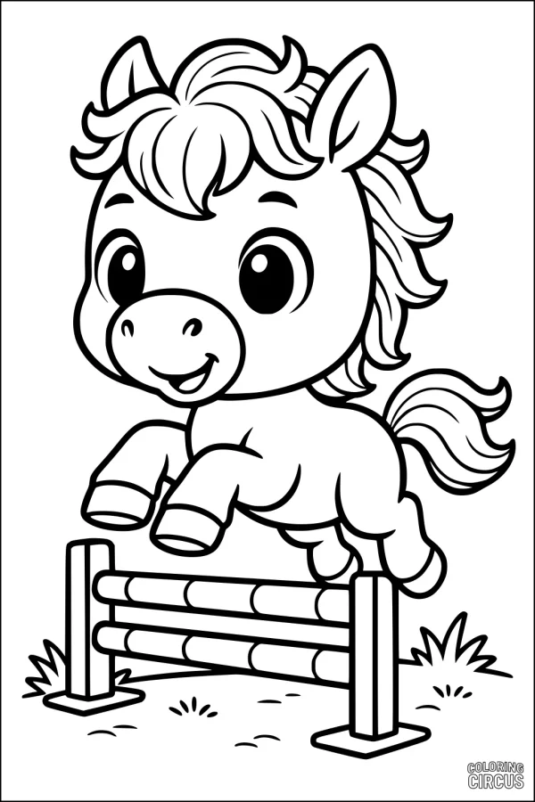 Coloring page of a cute cartoon horse joyfully jumping over a fence in a field