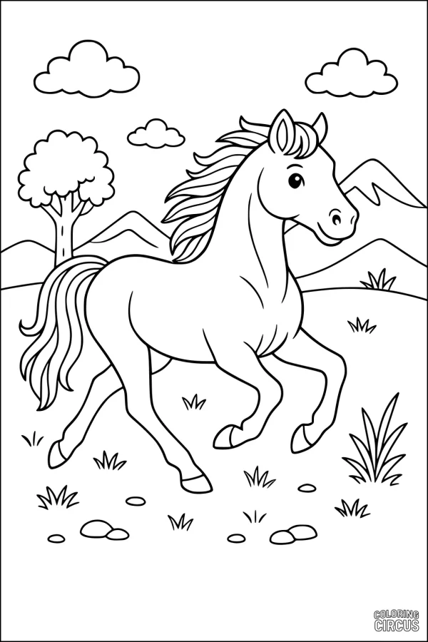 Coloring page of a cartoon horse prancing in a field with mountains, tree, and clouds in the background