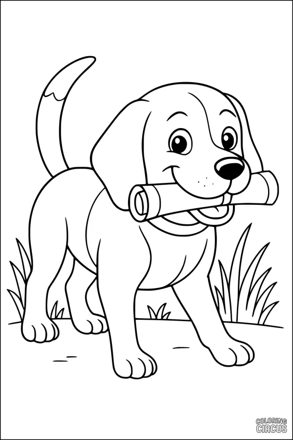 Coloring page of a cartoon dog holding a scroll in its mouth, walking on grass.