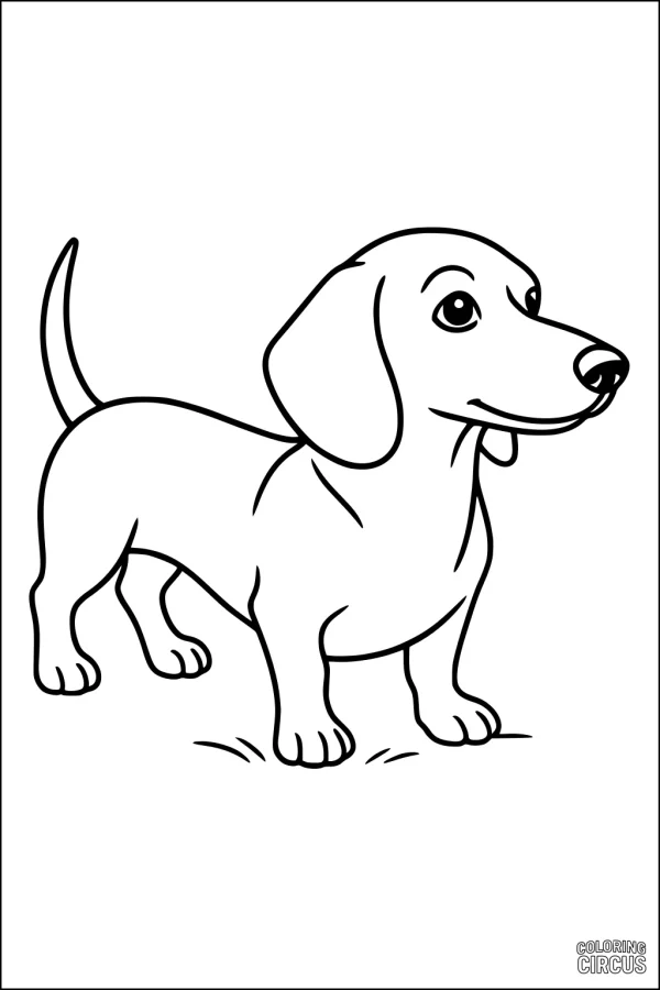 Coloring page showing a cute friendly dog standing with a wagging tail.