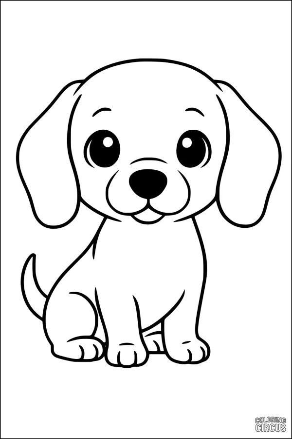 Coloring page of a cute, cartoon-style puppy dog sitting and smiling