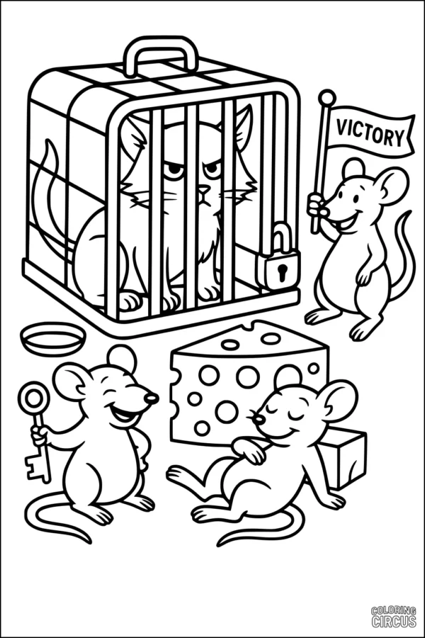 Coloring page showing three happy cartoon rats celebrating with cheese and a victory flag, while a grumpy cat sits locked in a carrier