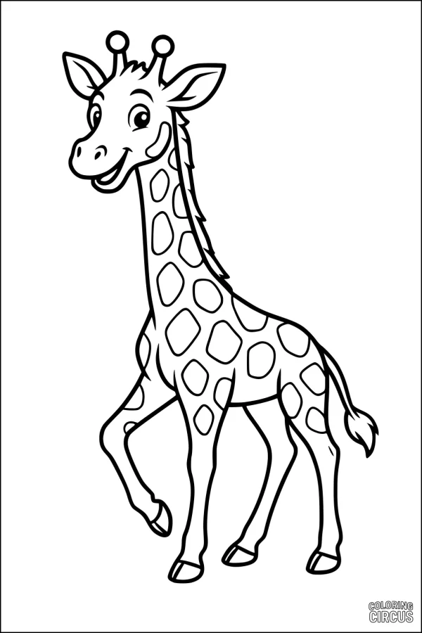 Coloring page featuring a smiling cartoon giraffe with large eyes and friendly expression