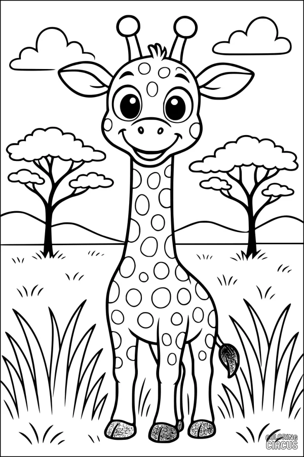 Coloring page featuring a happy cartoon giraffe in a savannah with trees and clouds