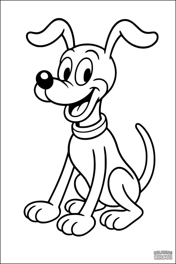 Coloring page of a smiling cartoon dog sitting with floppy ears