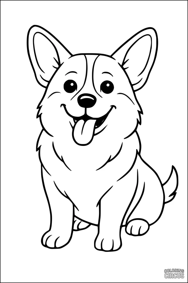 Coloring page of a cute cartoon dog sitting and smiling