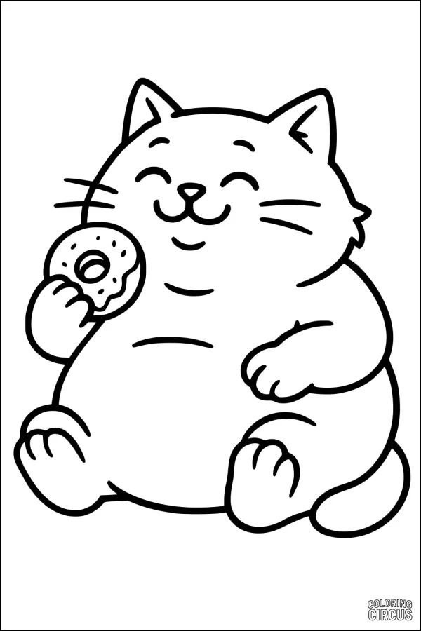 Coloring page featuring a smiling chubby cat holding a donut