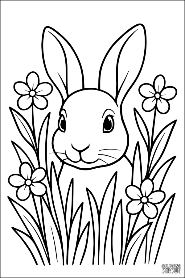 Coloring page featuring a cute hare surrounded by flowers and tall grass
