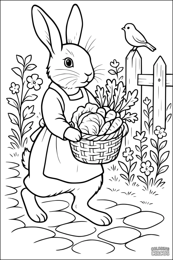 Coloring page featuring a hare in a dress carrying a basket of vegetables in a garden with flowers and a bird perched on a fence