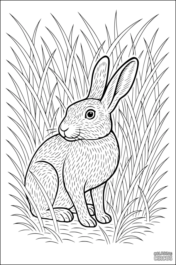 Coloring page of a detailed hare sitting in tall grass, for children