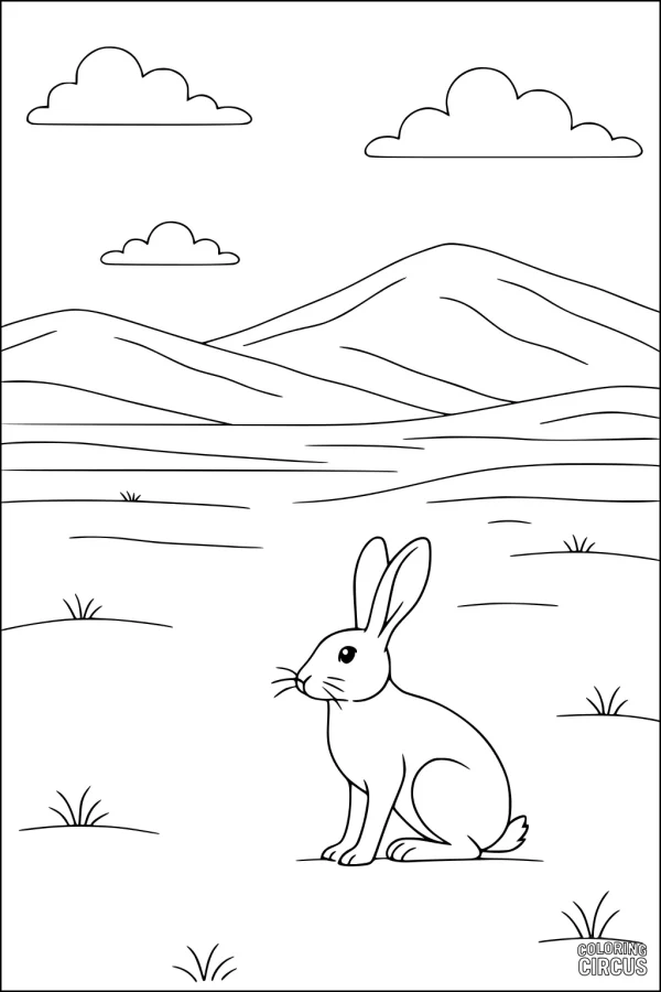 Coloring page featuring a hare sitting in a meadow with hills and clouds in the background