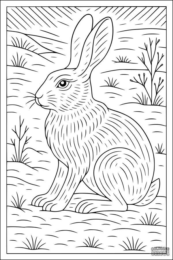 Coloring page of a hare sitting in a field landscape with grass and small plants