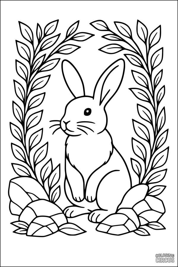 Coloring page featuring a cute hare sitting among leafy plants and rocks